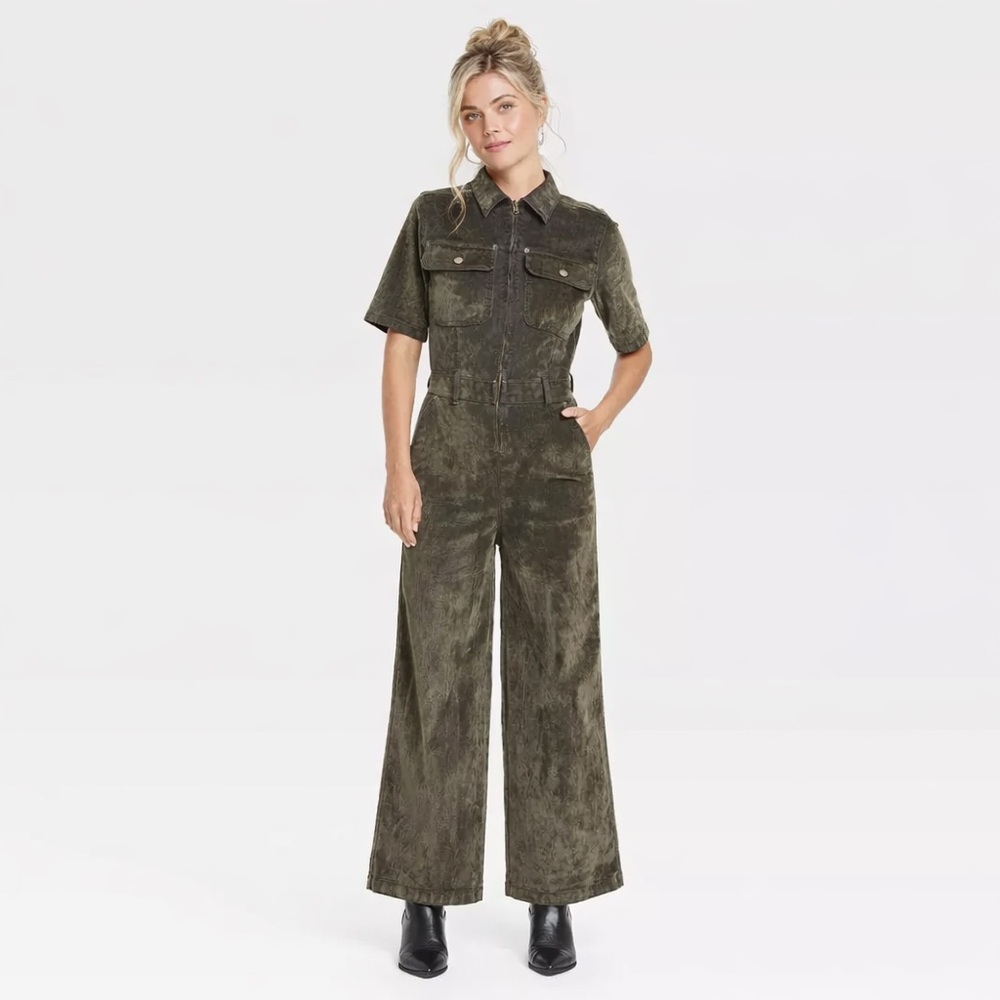 Utility-Inspired Olive Green Wide-Leg Jean Jumpsuit